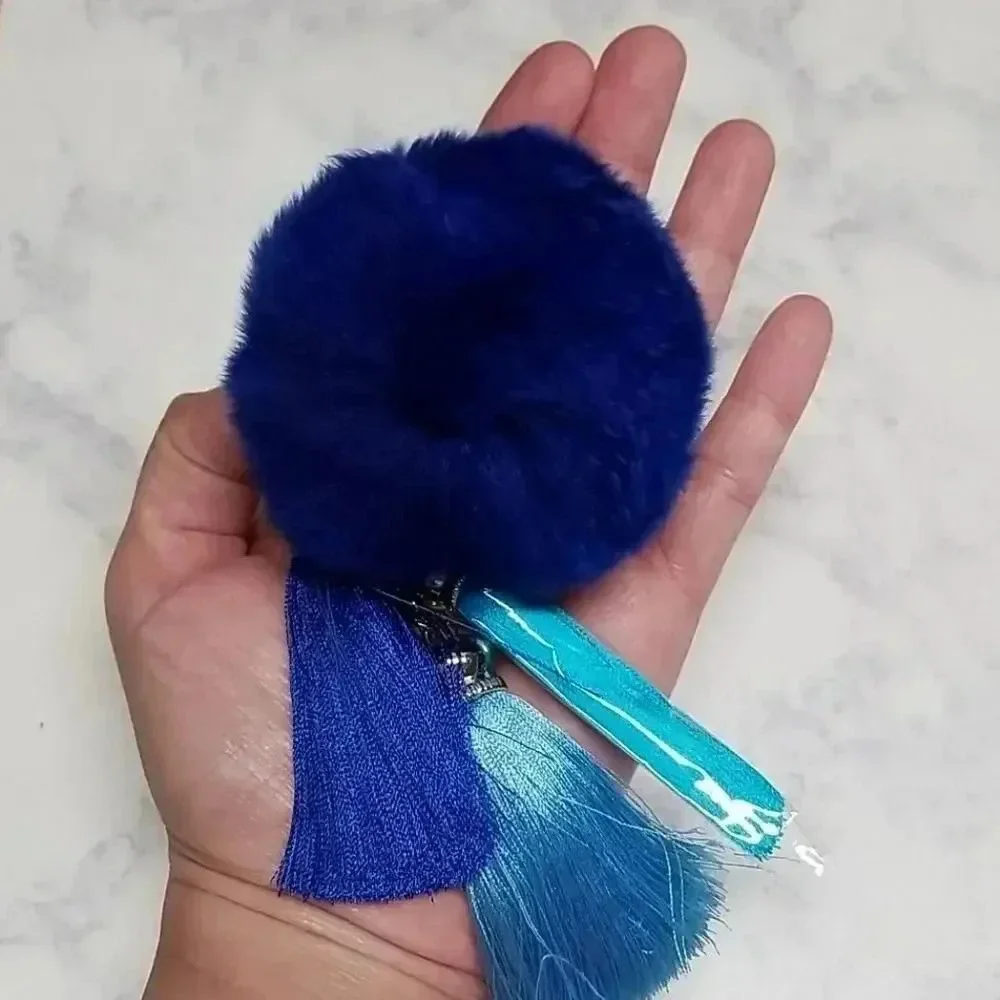Multiple Colors Available - Fuzzy Fur Pom Pom Keychain Key with Tassels